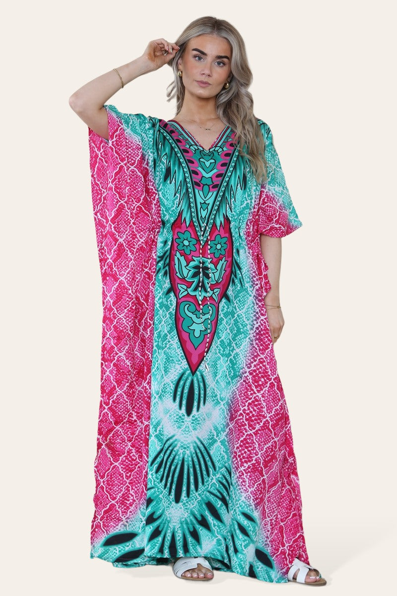 Long caftan with vibrant green geometric print, cinched waist, and adjustable silhouette Ref-7031-L