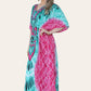 Long caftan with vibrant green geometric print, cinched waist, and adjustable silhouette Ref-7031-L