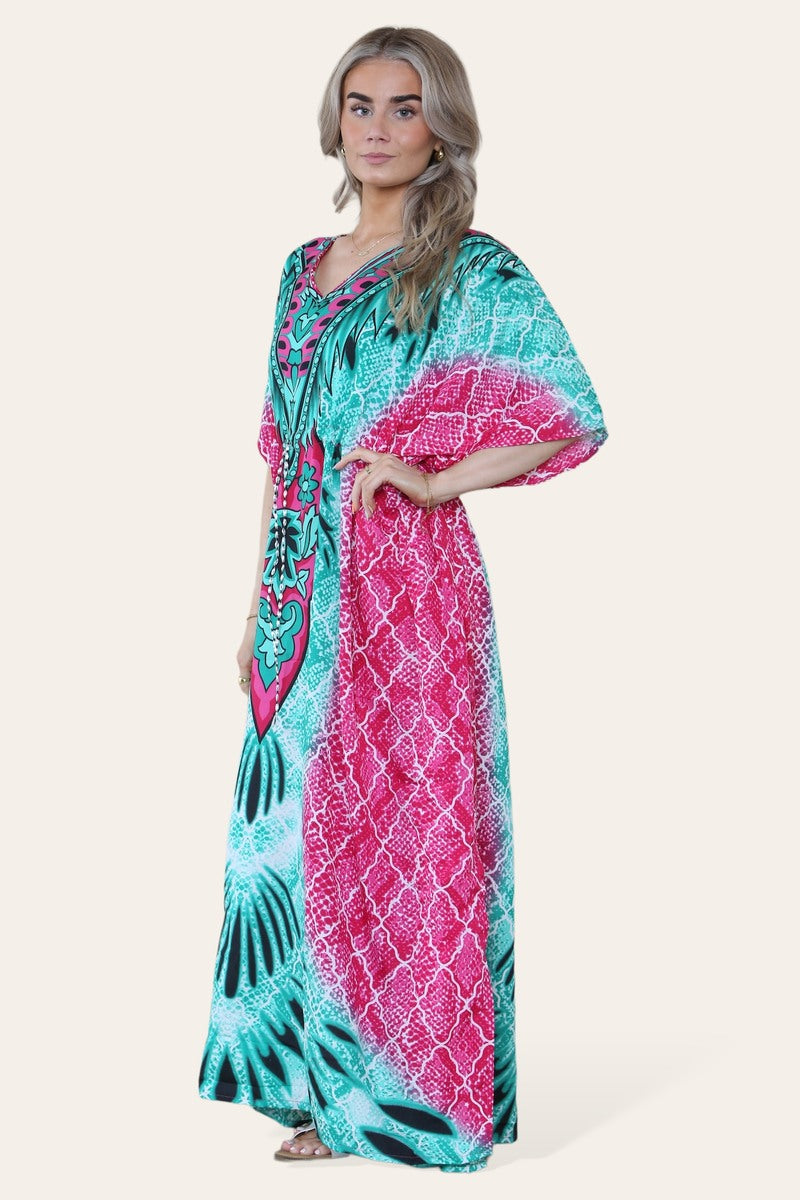 Long caftan with vibrant green geometric print, cinched waist, and adjustable silhouette Ref-7031-L