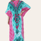 Long caftan with vibrant green geometric print, cinched waist, and adjustable silhouette Ref-7031-L