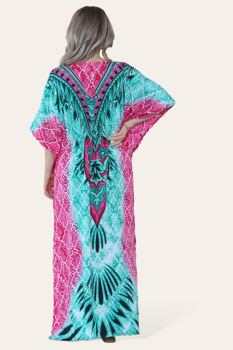 Long caftan with vibrant green geometric print, cinched waist, and adjustable silhouette Ref-7031-L