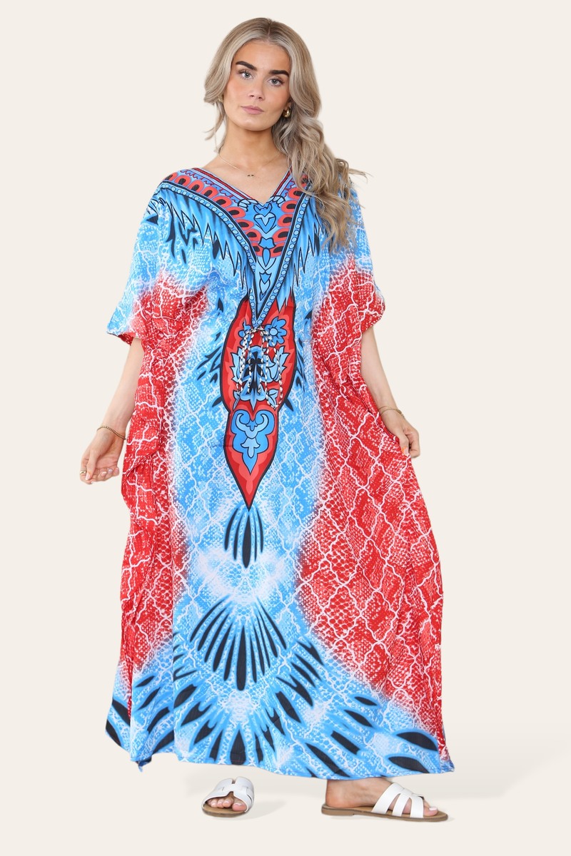 Long caftan with vibrant green geometric print, cinched waist, and adjustable silhouette Ref-7031-L