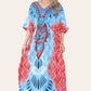 Long caftan with vibrant green geometric print, cinched waist, and adjustable silhouette Ref-7031-L
