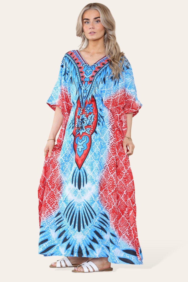 Long caftan with vibrant green geometric print, cinched waist, and adjustable silhouette Ref-7031-L