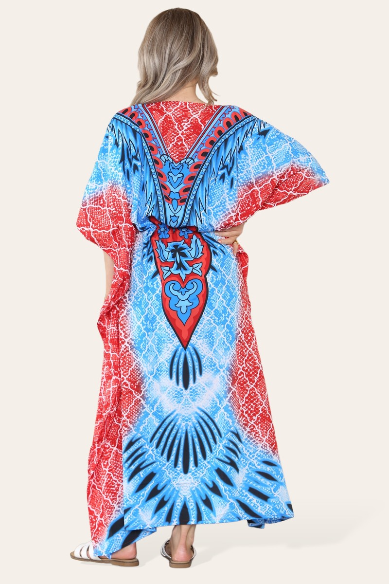 Long caftan with vibrant green geometric print, cinched waist, and adjustable silhouette Ref-7031-L