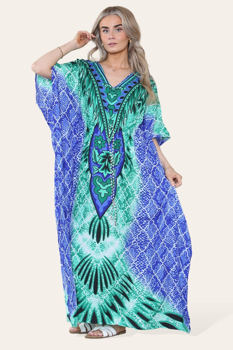 Long caftan with vibrant green geometric print, cinched waist, and adjustable silhouette Ref-7031-L