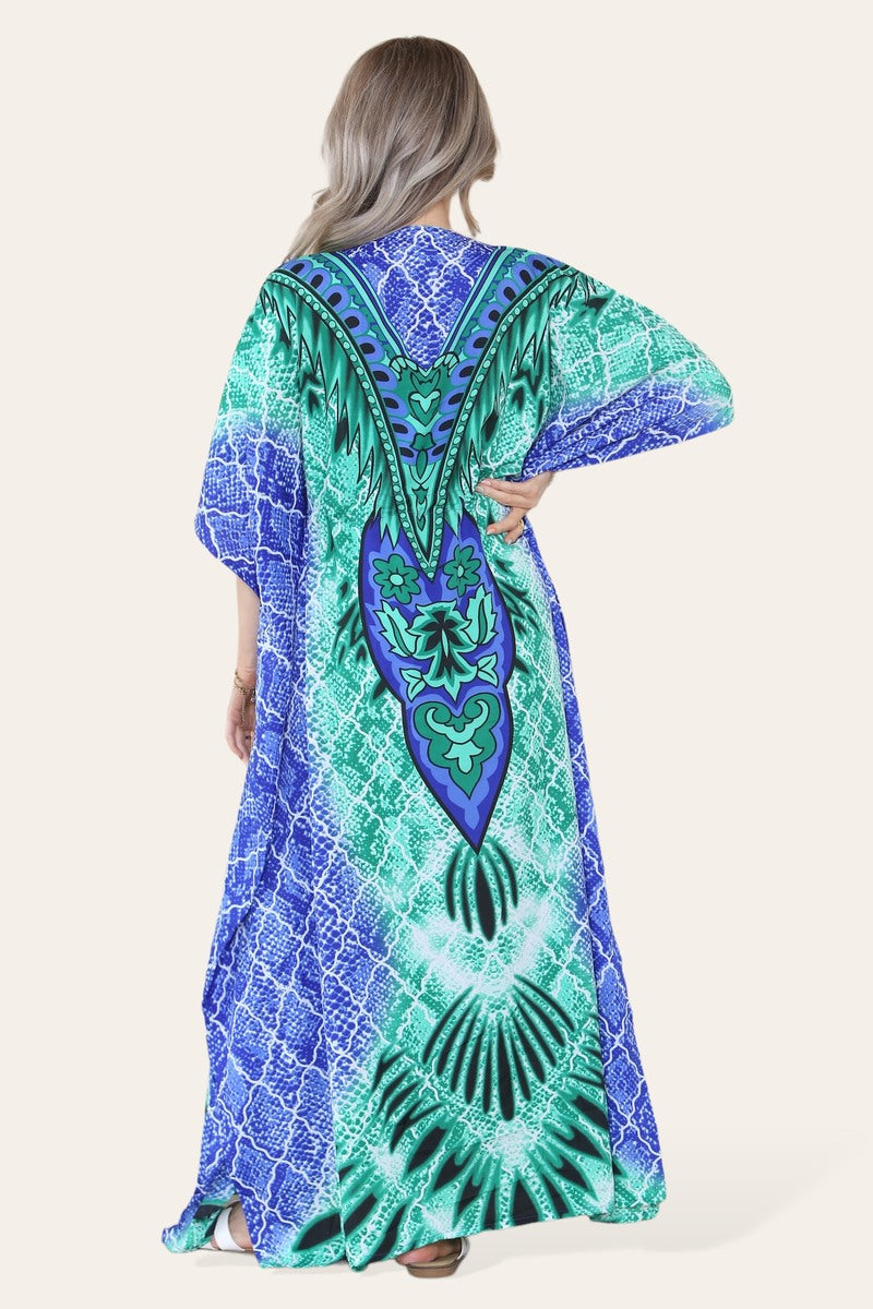 Long caftan with vibrant green geometric print, cinched waist, and adjustable silhouette Ref-7031-L