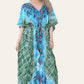 Long caftan with vibrant green geometric print, cinched waist, and adjustable silhouette Ref-7031-L