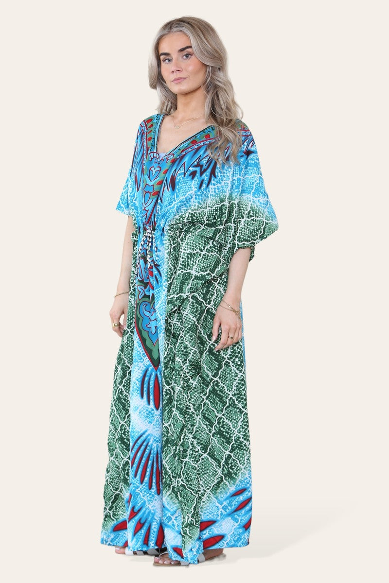 Long caftan with vibrant green geometric print, cinched waist, and adjustable silhouette Ref-7031-L