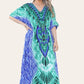 Long caftan with vibrant green geometric print, cinched waist, and adjustable silhouette Ref-7031-L