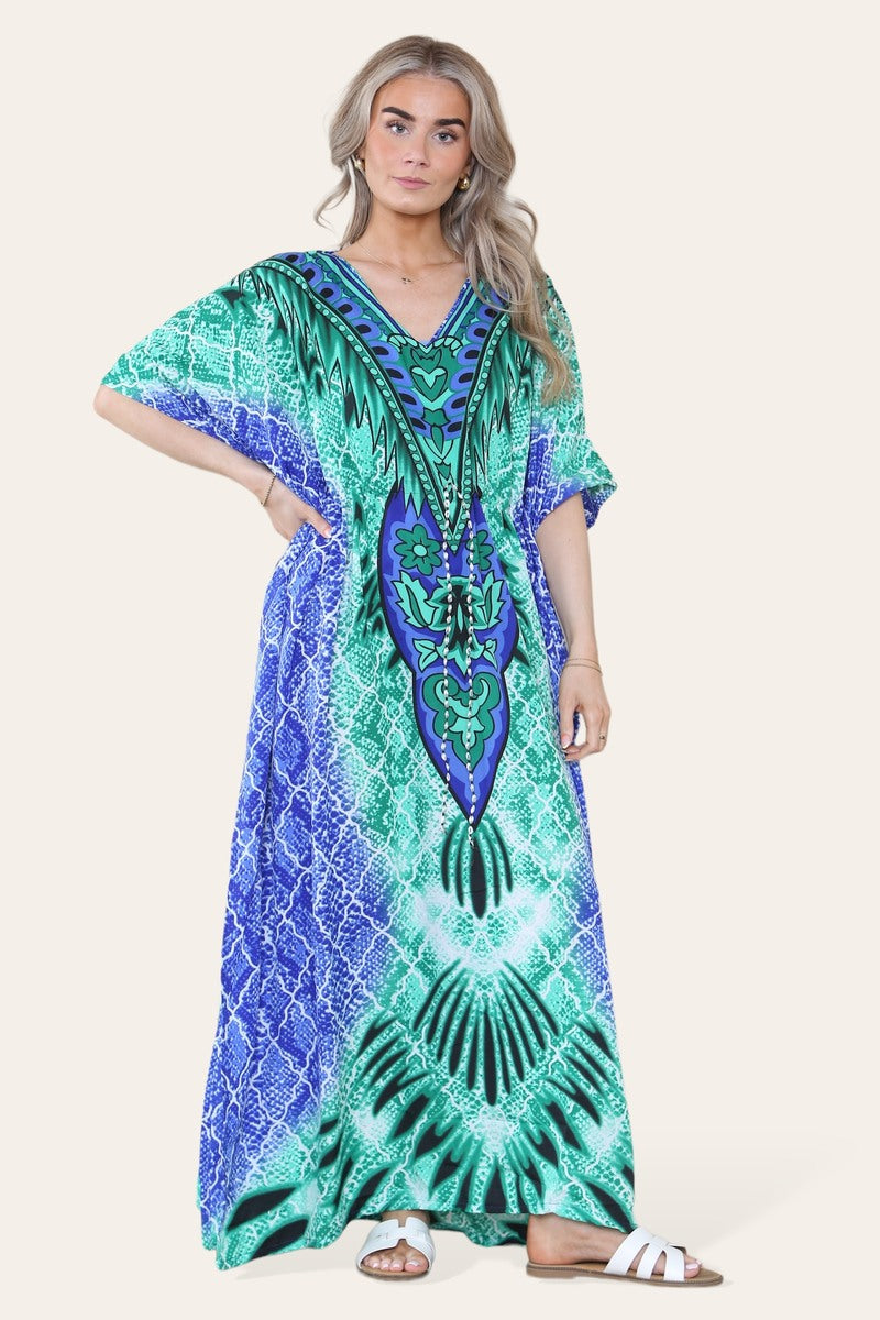 Long caftan with vibrant green geometric print, cinched waist, and adjustable silhouette Ref-7031-L
