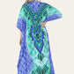Long caftan with vibrant green geometric print, cinched waist, and adjustable silhouette Ref-7031-L