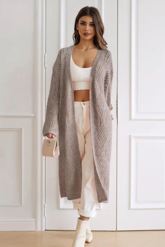 Long knit cardigan with geometric patterns
