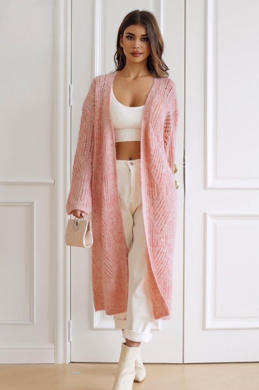 Long knit cardigan with geometric patterns