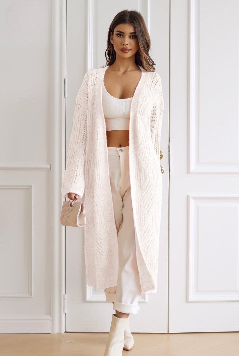 Long knit cardigan with geometric patterns