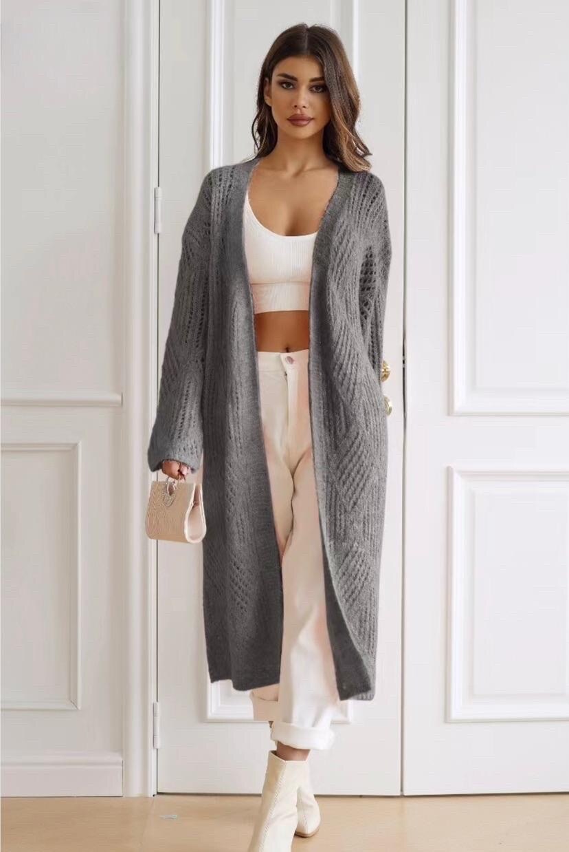 Long knit cardigan with geometric patterns