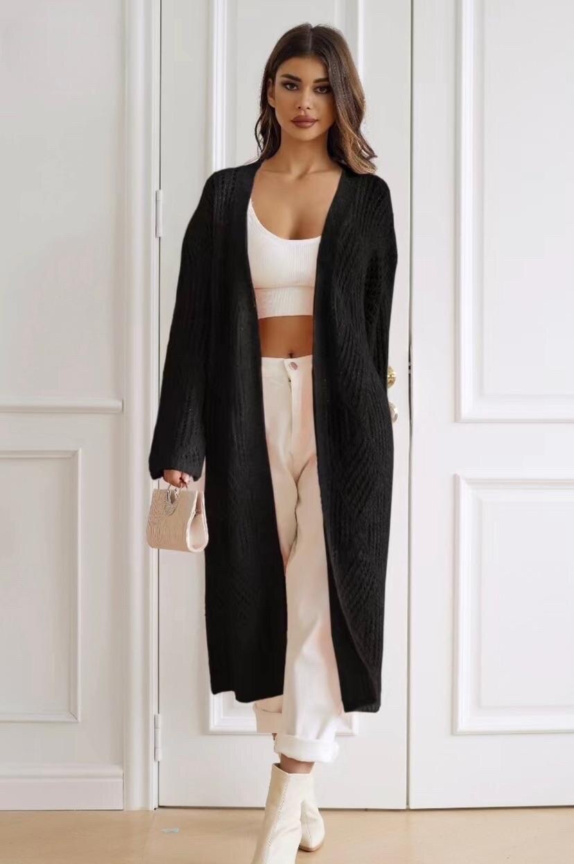 Long knit cardigan with geometric patterns