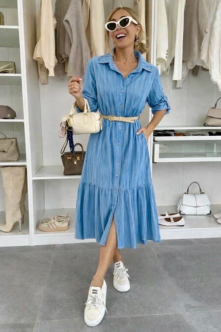 Long striped cotton shirt dress with belt