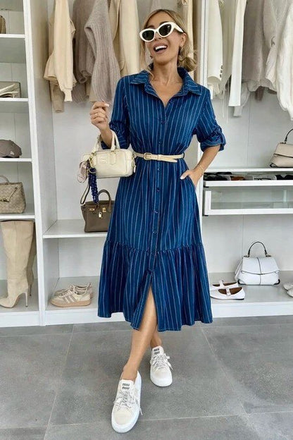 Long striped cotton shirt dress with belt