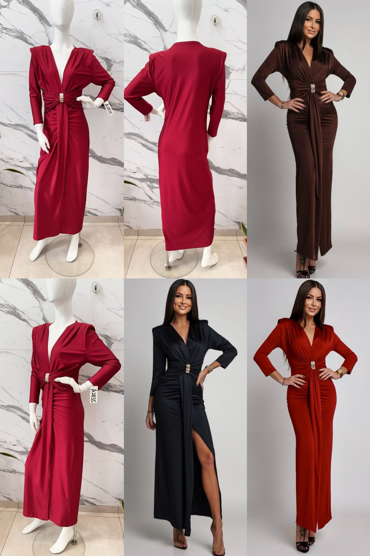 Long elegant dress with slit and jeweled belt