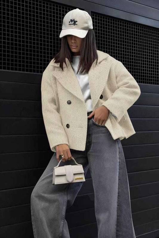 Textured fabric double-breasted coat jacket with lining