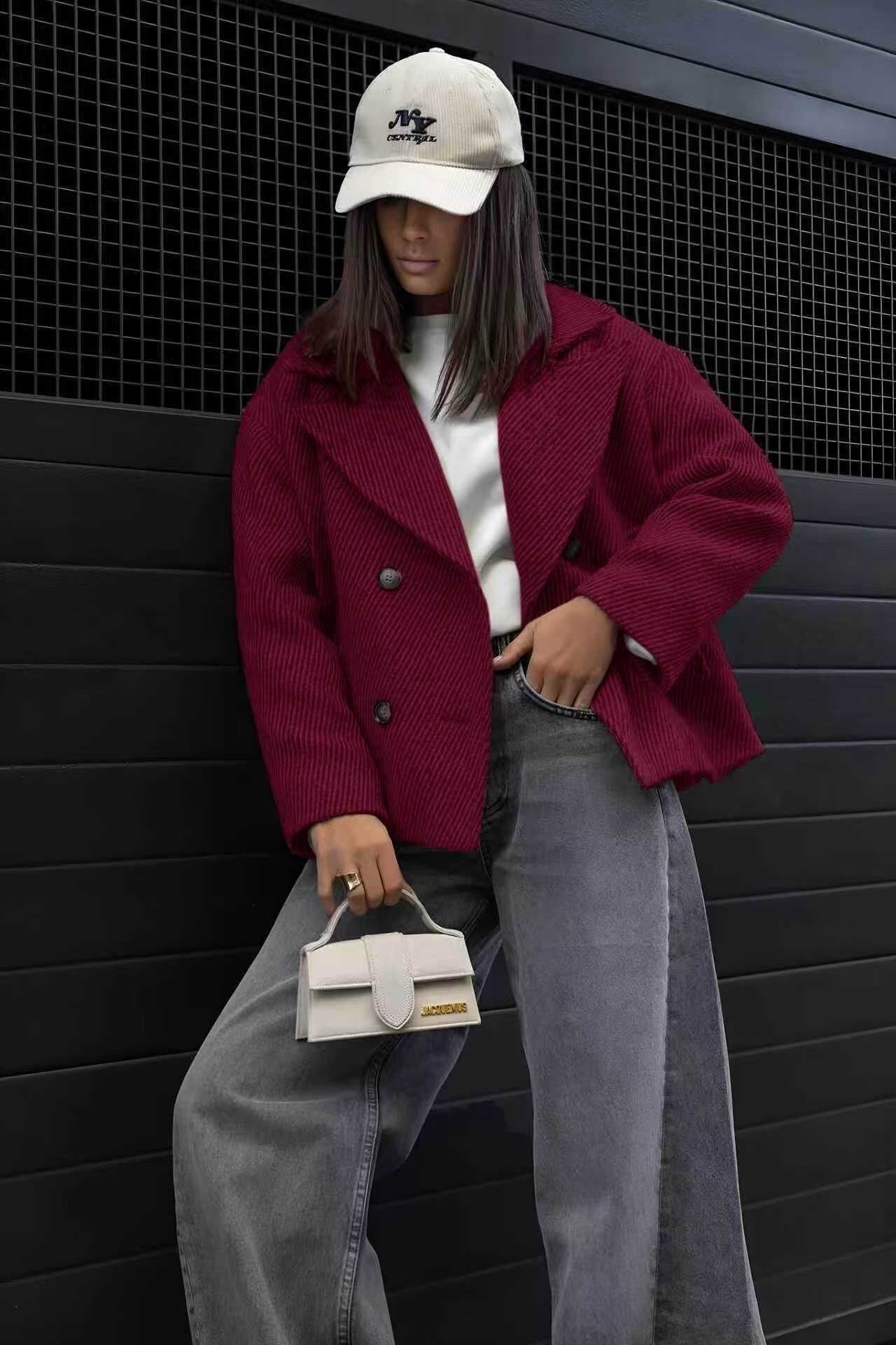 Textured fabric double-breasted coat jacket with lining