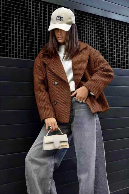 Textured fabric double-breasted coat jacket with lining