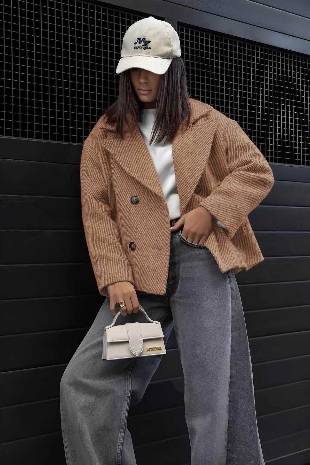 Textured fabric double-breasted coat jacket with lining