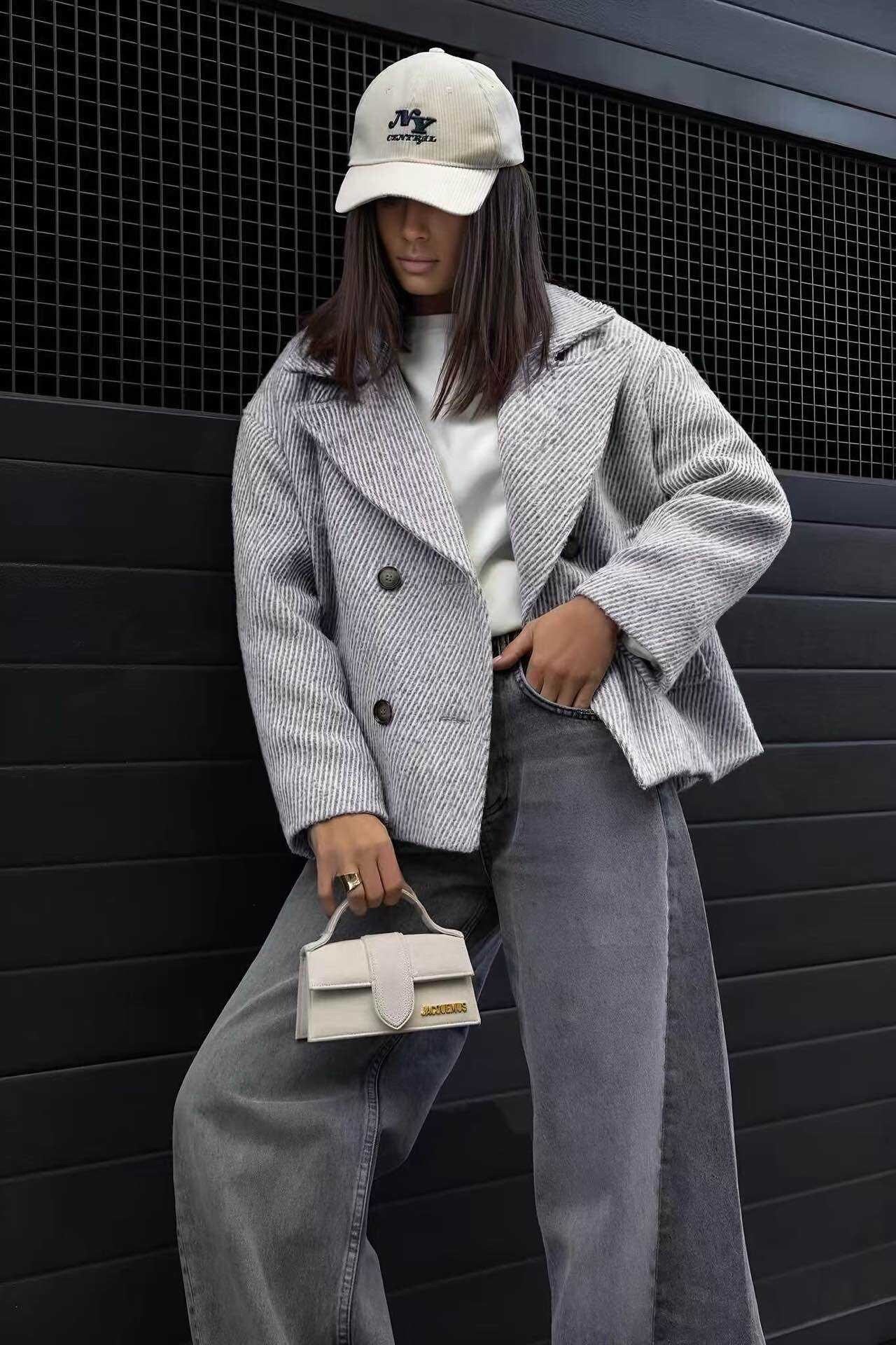 Textured fabric double-breasted coat jacket with lining