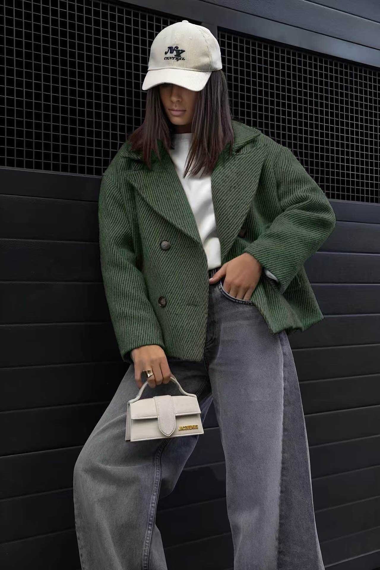 Textured fabric double-breasted coat jacket with lining