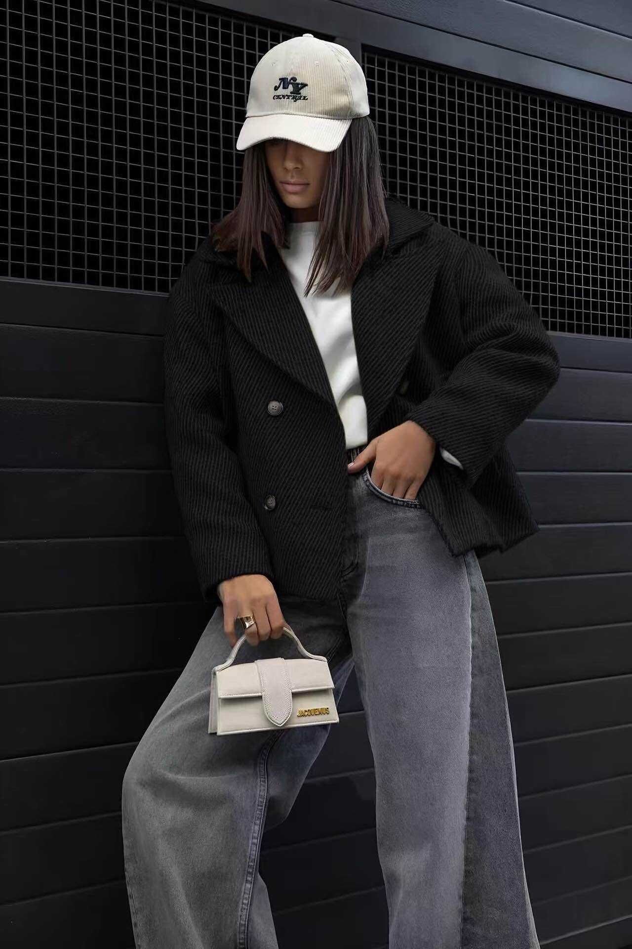 Textured fabric double-breasted coat jacket with lining