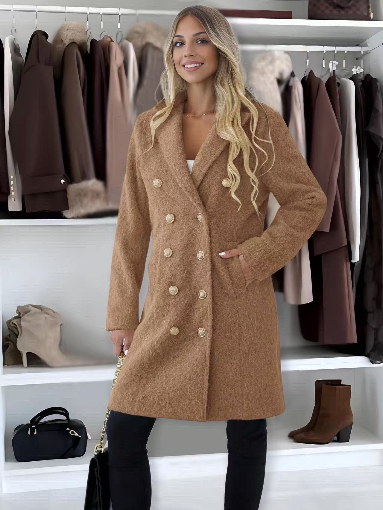 Chic coat with lining golden buttons textured and fluffy