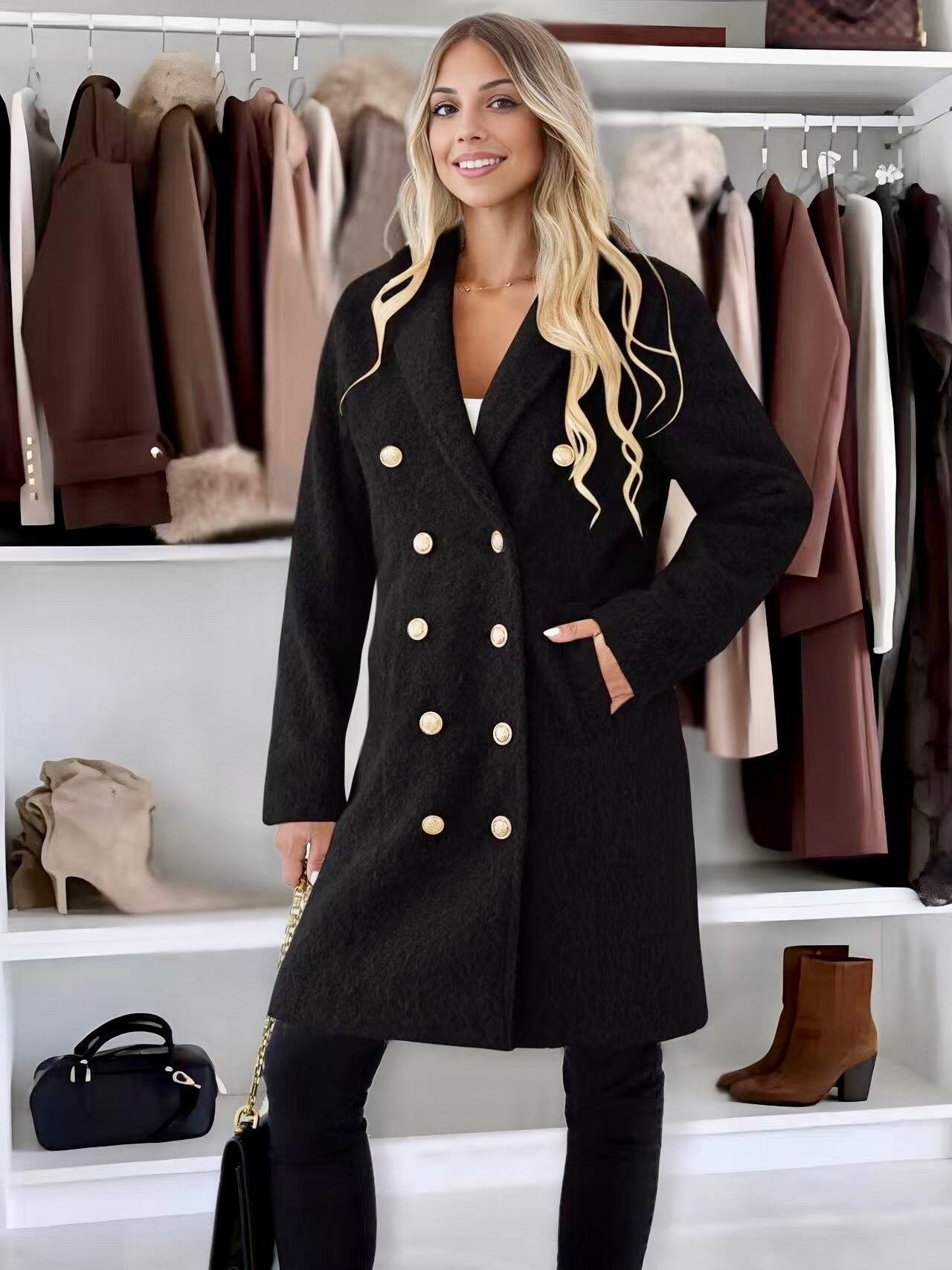 Chic coat with lining golden buttons textured and fluffy