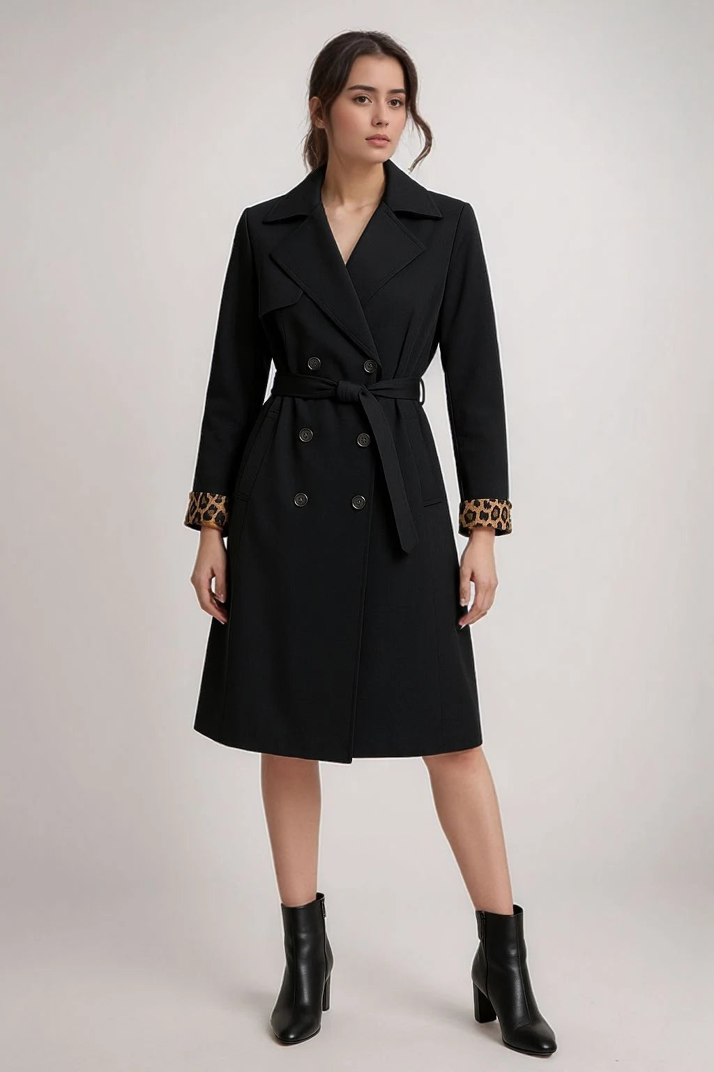 Long belted coat with leopard lining