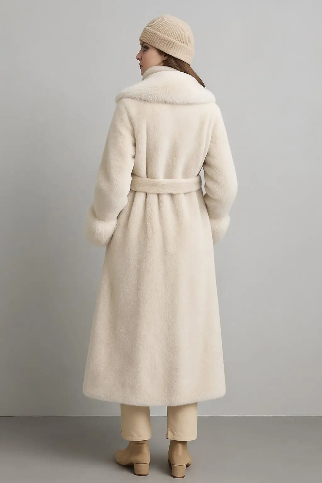 Long faux fur coat with shawl collar and tie belt – Luxury finish