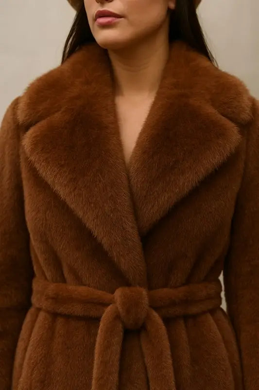 Long faux fur coat with shawl collar and tie belt – Luxury finish