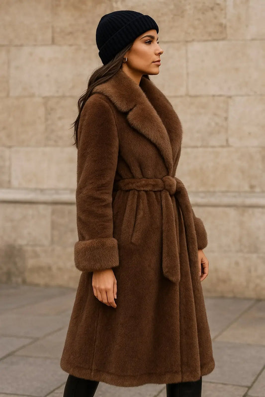 Long faux fur coat with shawl collar and tie belt – Luxury finish