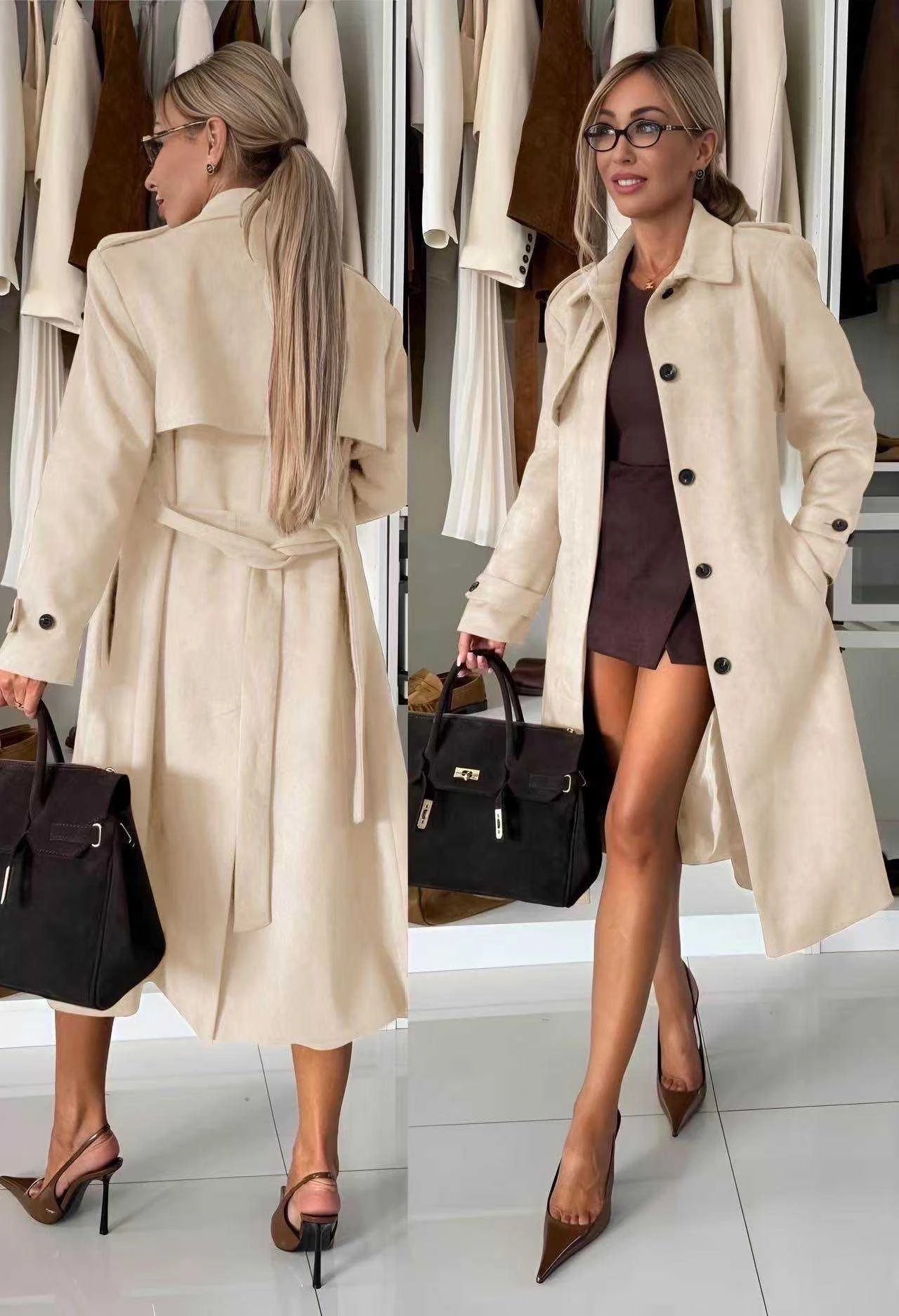 Long -suede suede trench coat