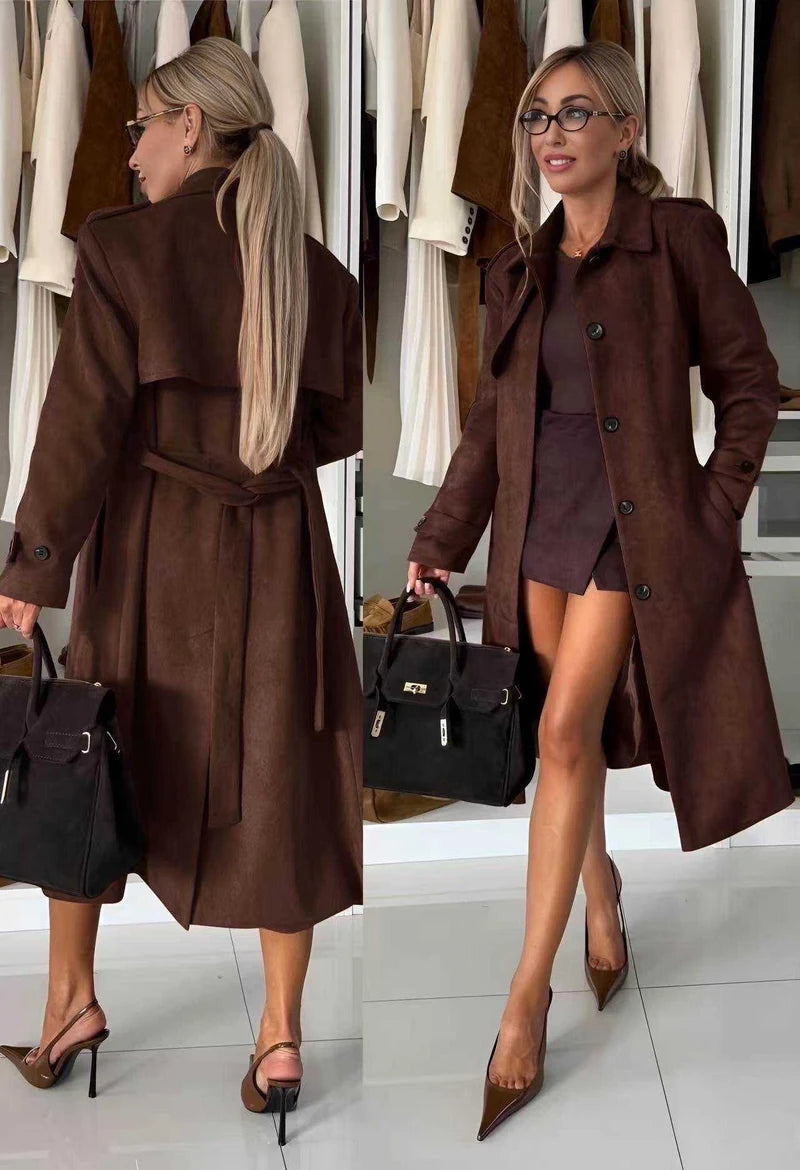 Long -suede suede trench coat