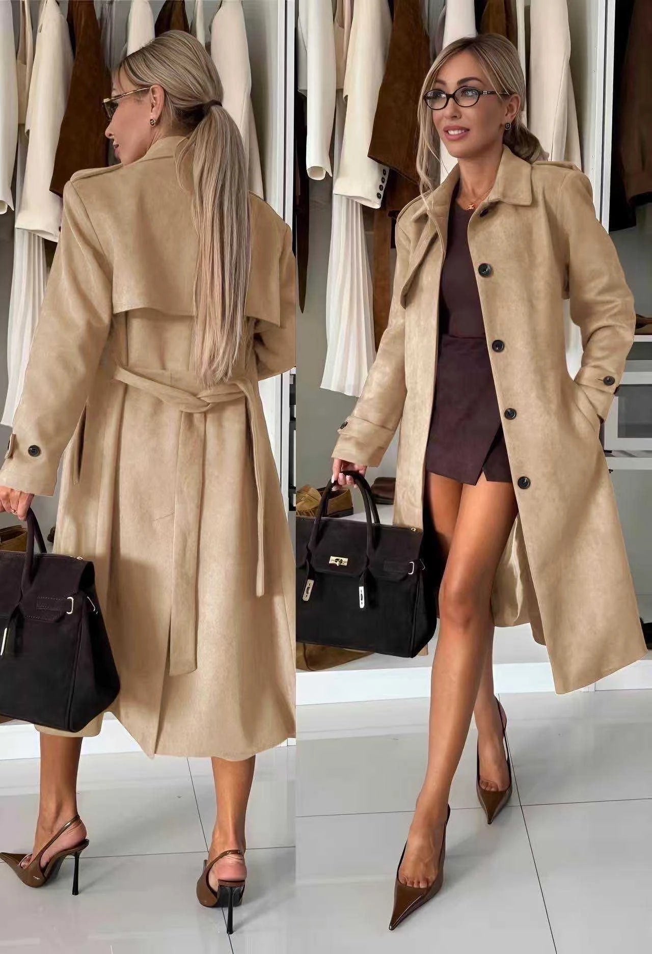 Long -suede suede trench coat