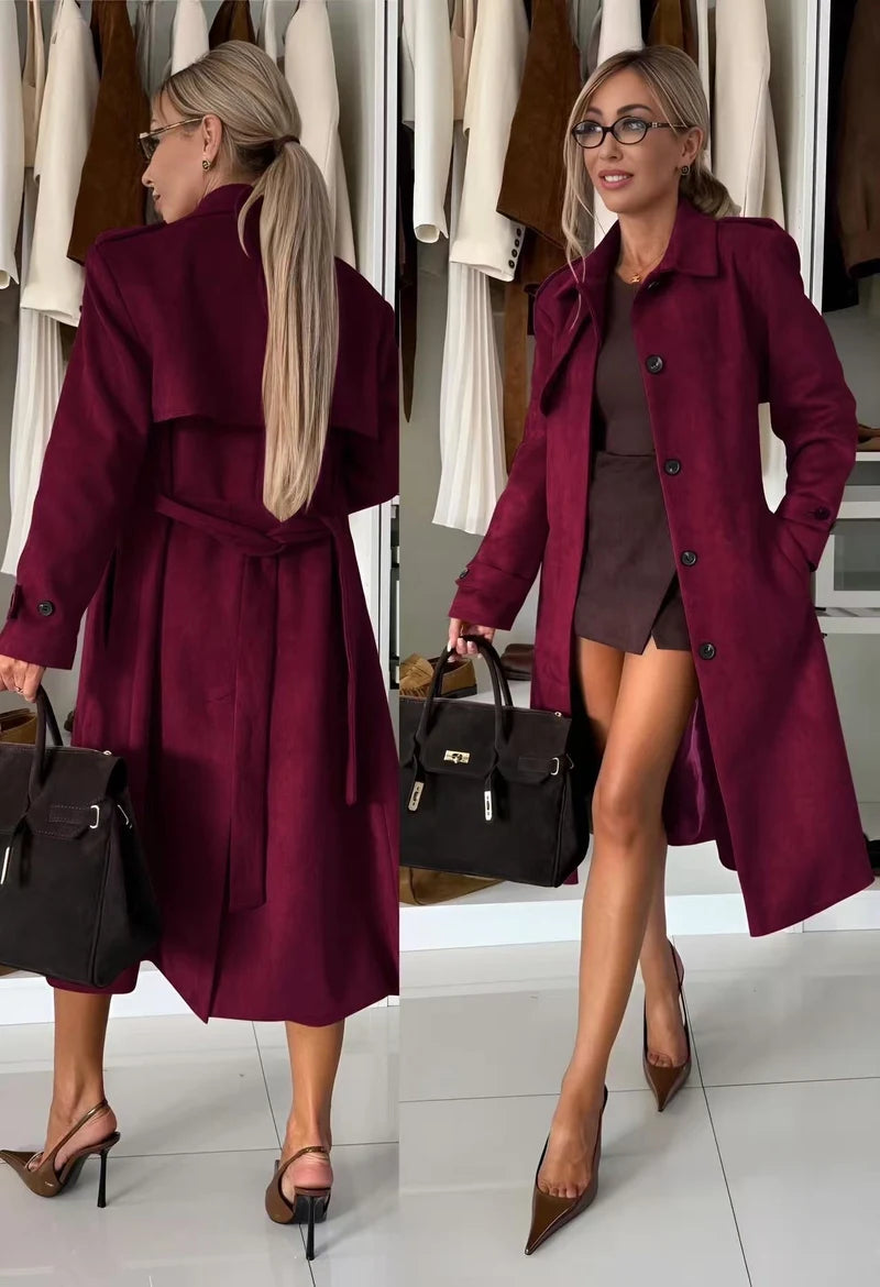 Long -suede suede trench coat