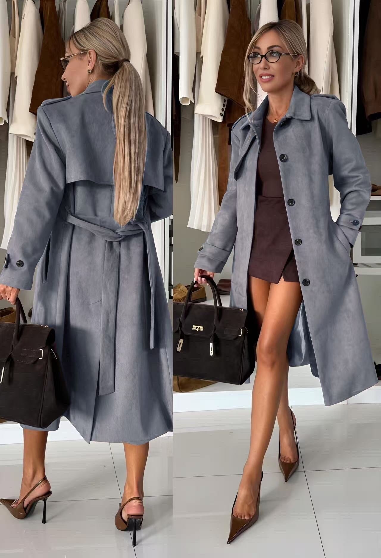 Long -suede suede trench coat