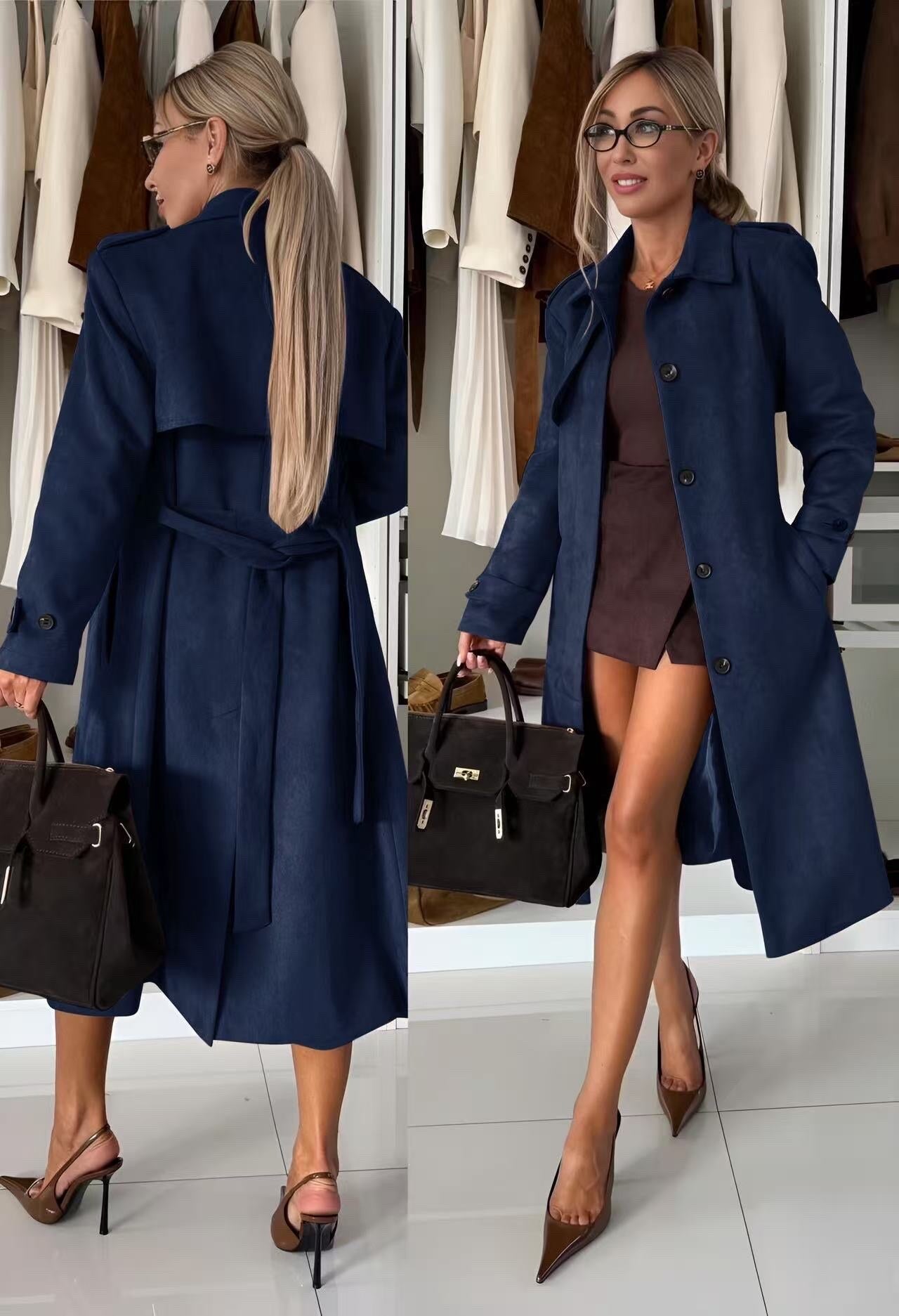 Long -suede suede trench coat