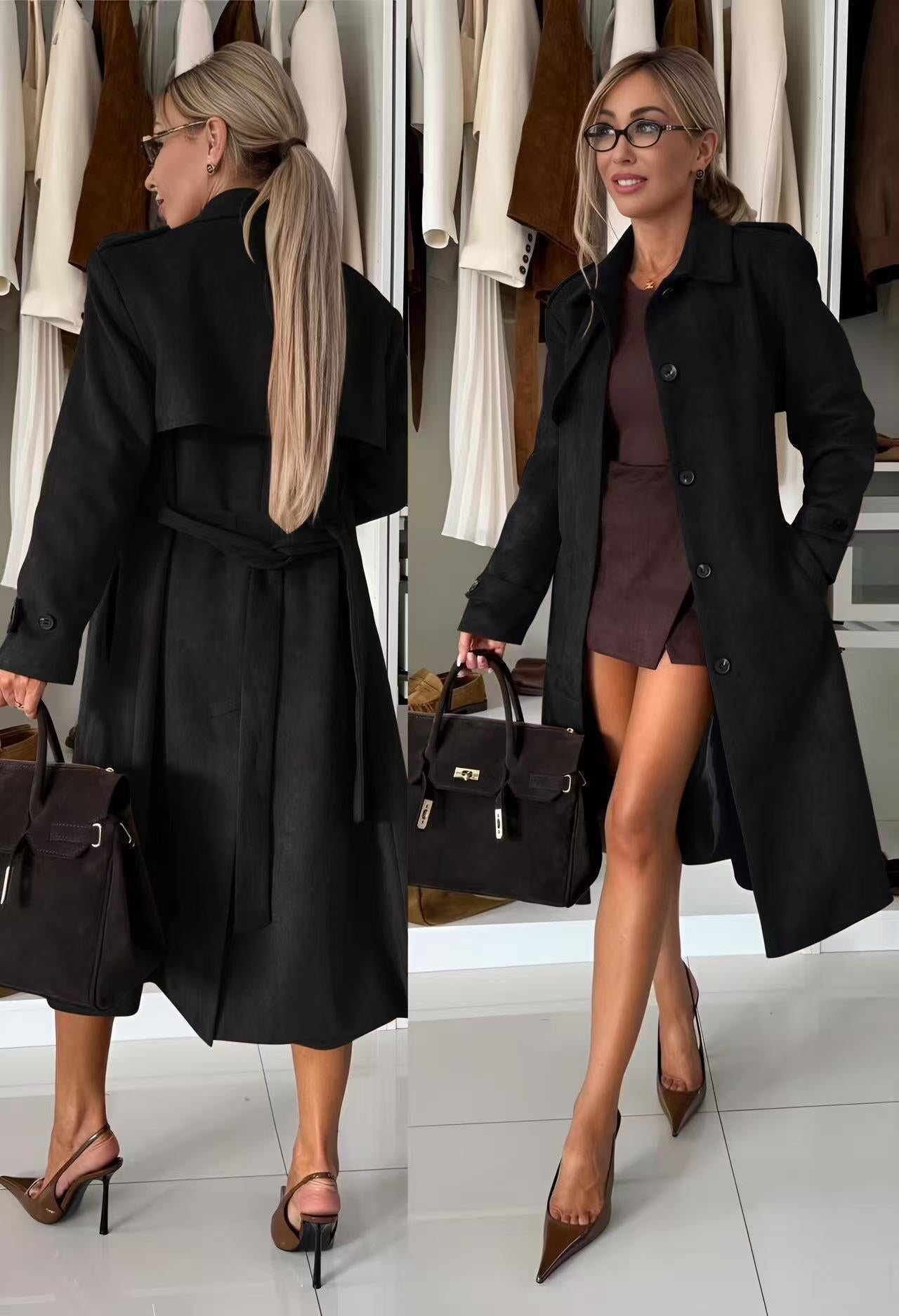 Long -suede suede trench coat