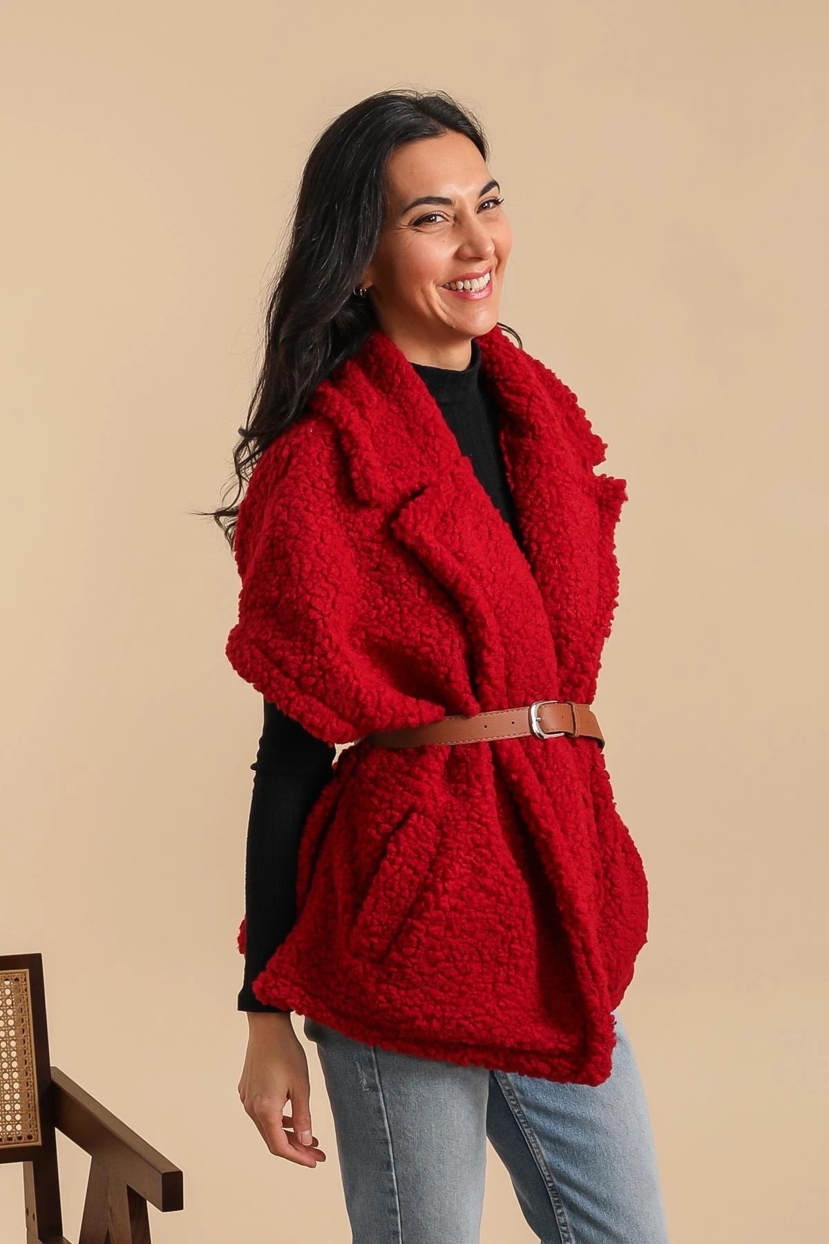 Mid-length sheepskin coat with belt and lining