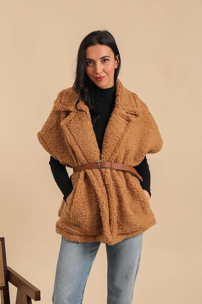 Mid-length sheepskin coat with belt and lining