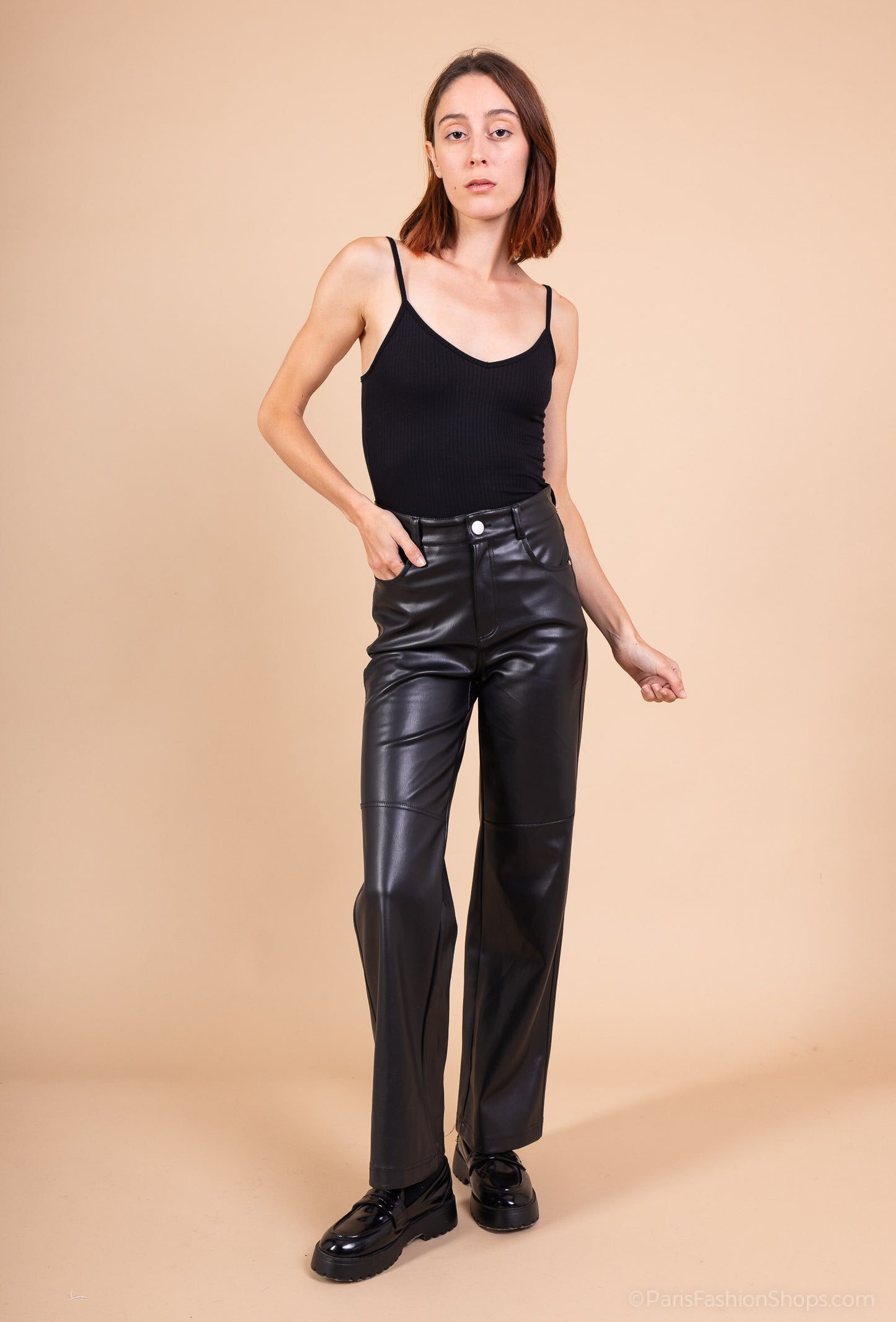 MILA – Wide-leg faux leather pants with back pockets