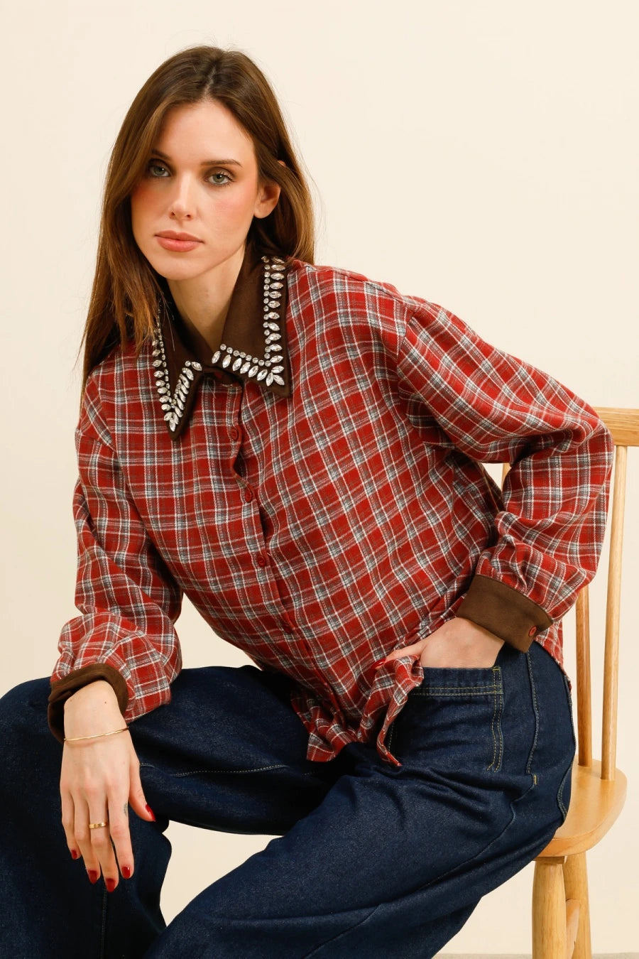 SIENNA – Plaid shirt with rhinestone-embellished collar