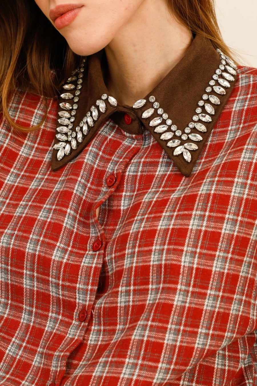 SIENNA – Plaid shirt with rhinestone-embellished collar