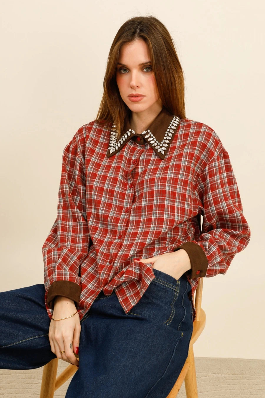 SIENNA – Plaid shirt with rhinestone-embellished collar